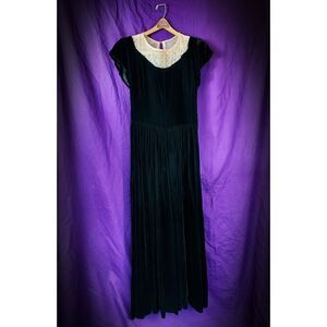 Vtg 1940s Black Silk Velvet Pink Floral Rhinestone Evening Dress Sz M Halloween